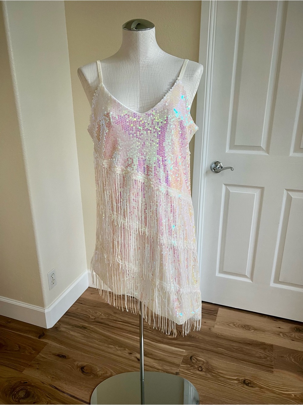 Iridescent Sequin Flapper Dress | Adult M | Gatsby Costume | Asymmetrical Fringe - Picture 3 of 14